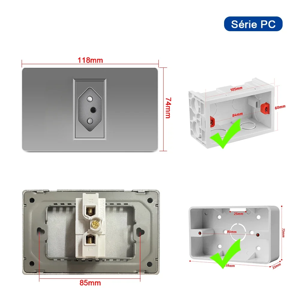 Melery 20A Brazilian Wall Socket Electrical Plug PC Flame Retardant Panel  Brazil Standard 118*72mm Single White Grey Black