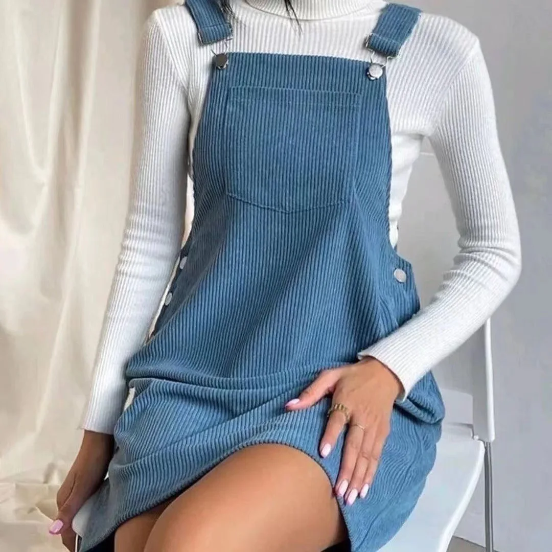 

Casual Corduroy Loose Solid Color Square Neck Halter A-line Skirt Mid-waist with Pocket Straps for Women Dresses
