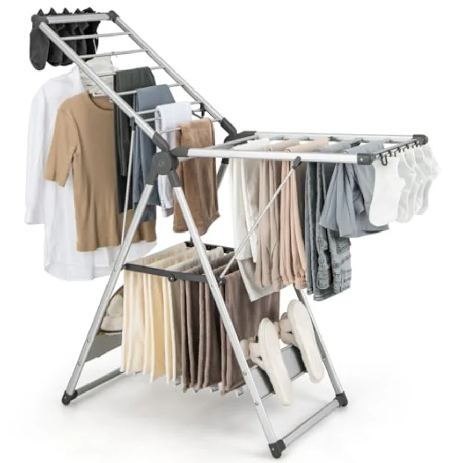 

2-Layer Aluminum Foldable Clothes Drying Rack with 5-Level Adjustable Height 21 Drying Rails 10 Side Clips 4 Shoe Holders Space