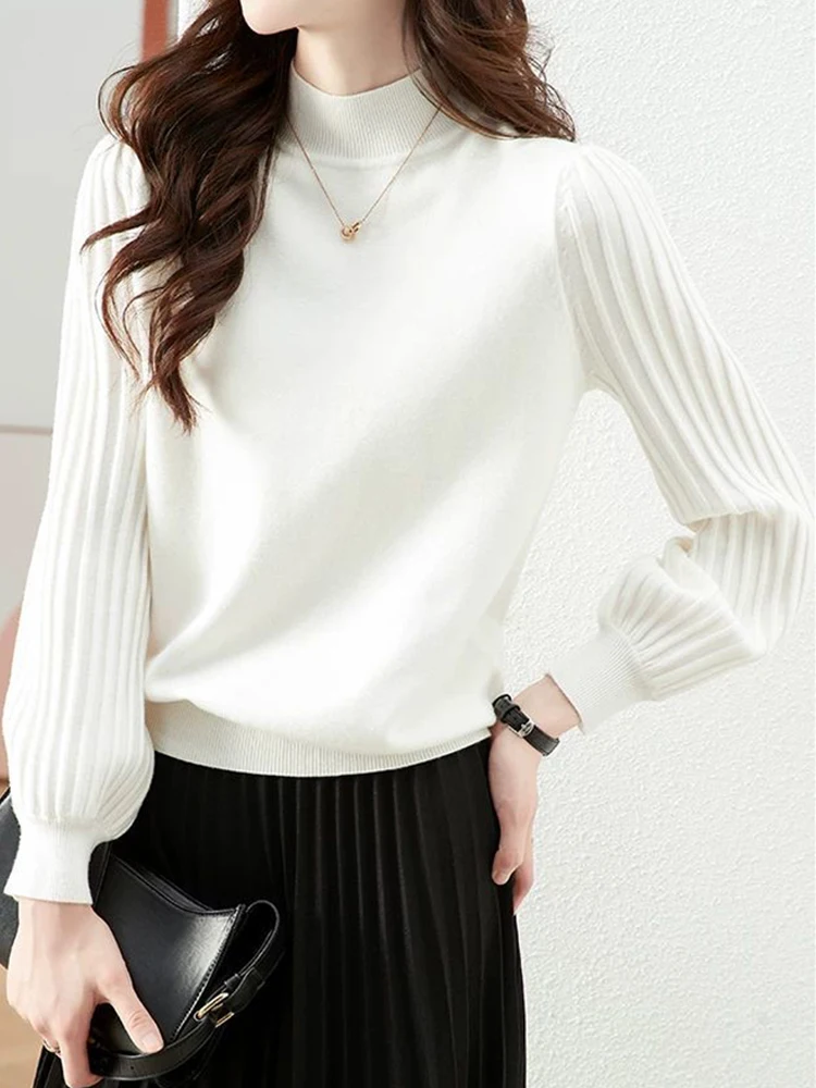 

Women Loose Half High Neck Top Knit Sweater Women New Autumn Winter Long Puff Sleeves Warm and Slim Sweater Pullover