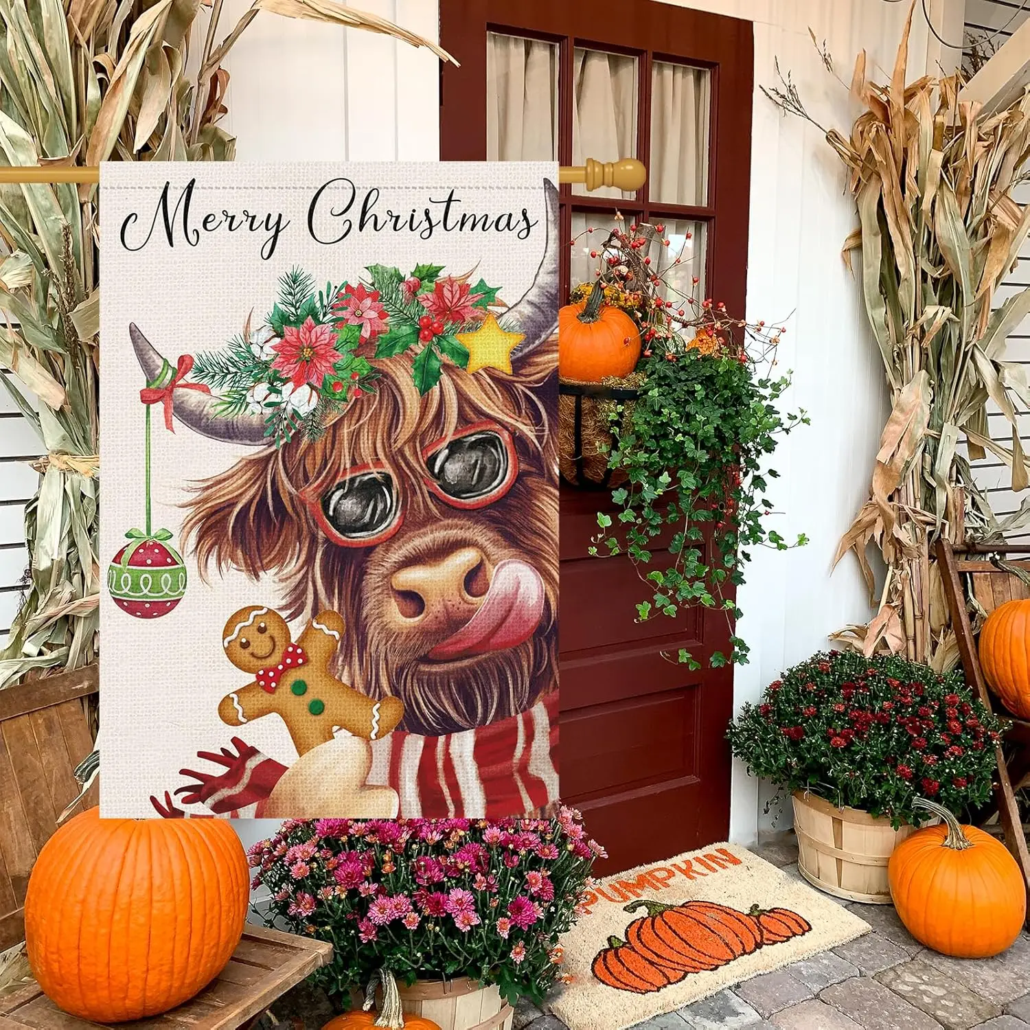 Louise Maelys Merry Christmas Garden Flag 28x40 Double Sided, Burlap Winter Christmas Highland Cow Large Garden Yard Flags for X