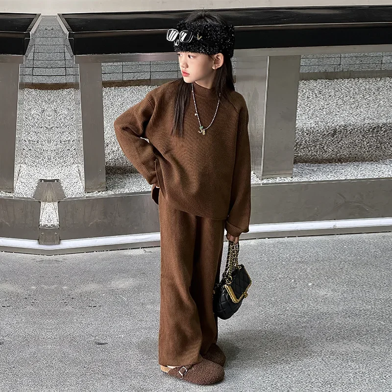 Baby Girl Clothes Suit Autumn Wear 2024 New Autumn and Winter Knitted Top Wide Leg Coffee Color Knit Pants Two-piece Set Fashion