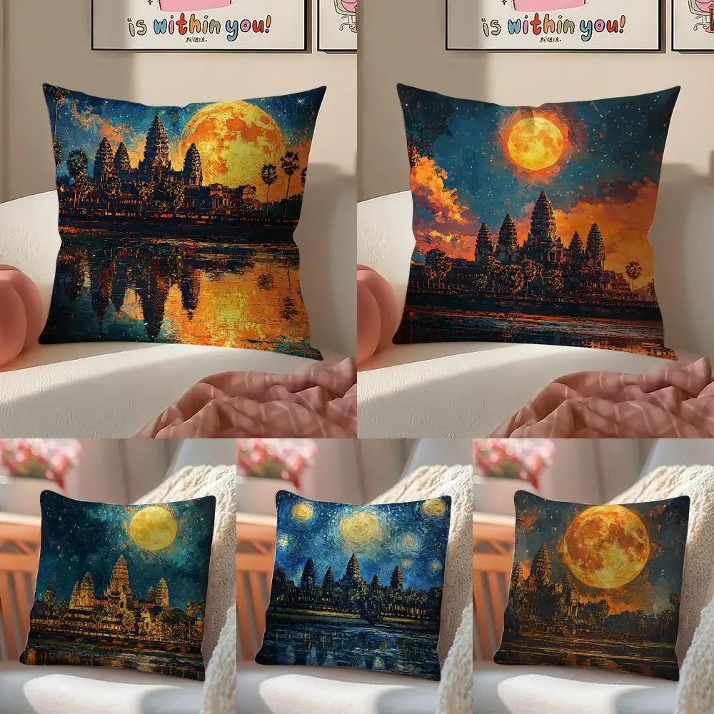 Oil Painting Artwork Angkor Wat-W Cushion Cover Silky elegant Comfort Sofa Bed Invisible zipper Beach pillowcase
