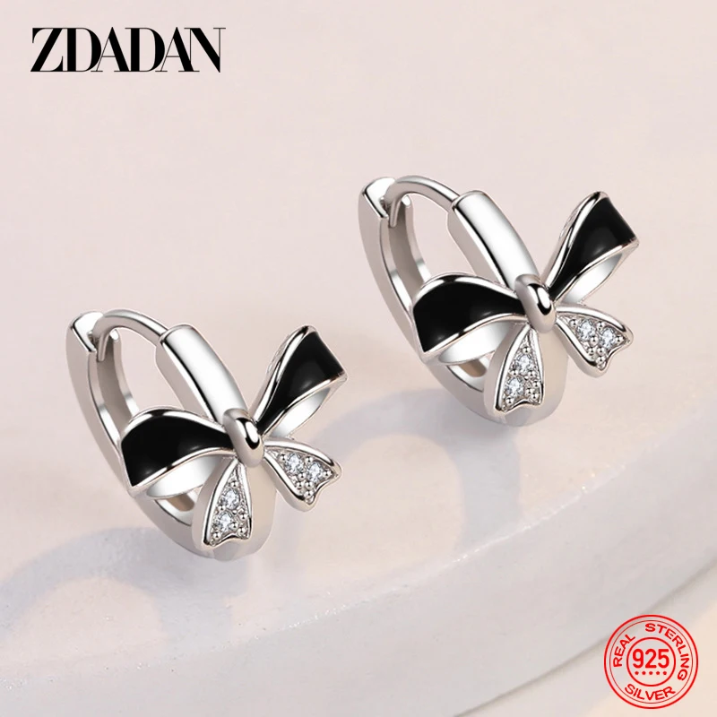 

ZDADAN 925 Sterling Silver Black Bow Hoop Earrings For Women Fashion Wedding Jewelry