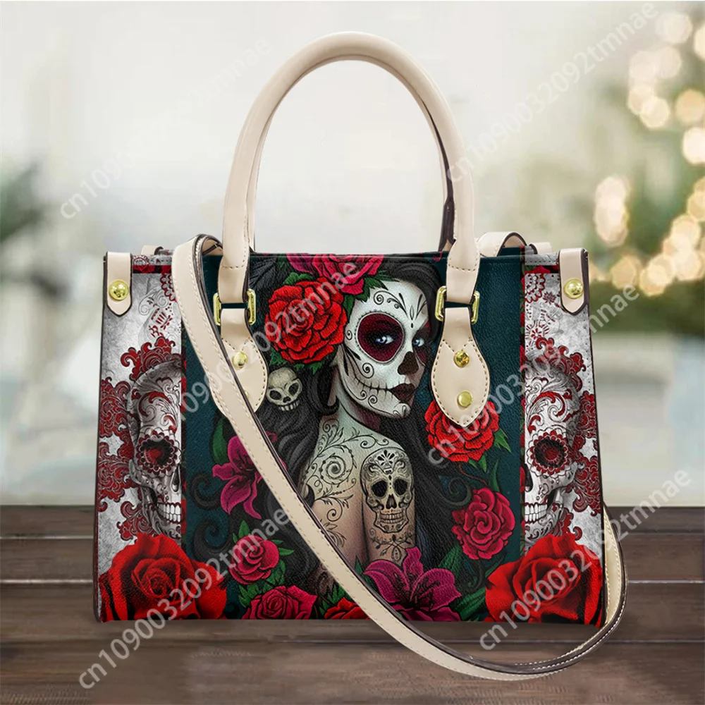 

Gothic Sugar Skull Girls Print PU Leather Tote Bag For Women Large Shoulder Handbags High Custom Female Travel Fashion Hand Bag