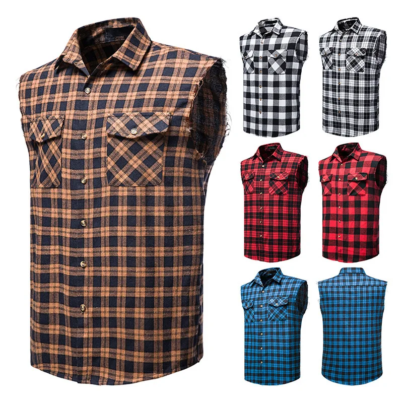 

Large Size Coffee Plaid Fitness Men's Sleeveless Vest Pure Cotton Pocket Vest Breathable Lightweight Summer Casual Shirt