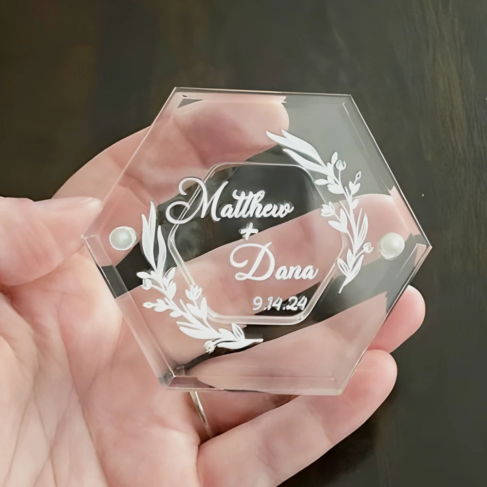Personalized Wedding Ring Box Clear Hexagon Ring Box Custom Acrylic Wedding Ring Box wedding gift for bride and groom