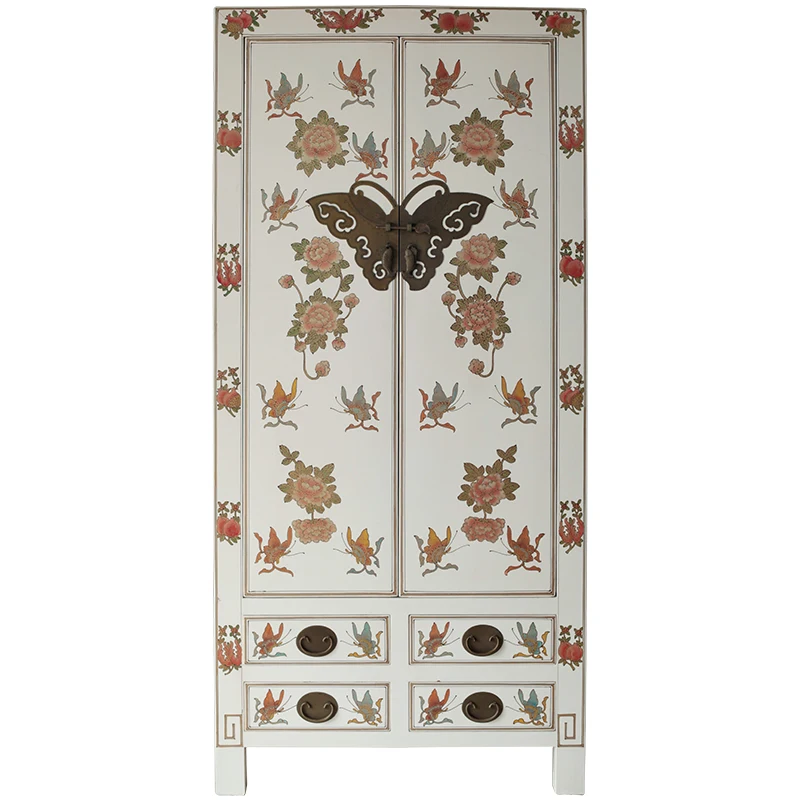 New Chinese Style Butterfly Wardrobe Classical Distressed Furniture Solid Wood Wedding Lucky Storage Furniture