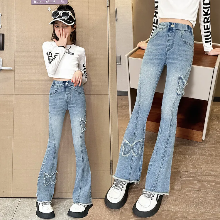 Fashion Girl Flare Jeans For Kids 4 6 9 12 14 Years Trouser Teenage Spring Fall Children\'s Jeans Denim Tassel Bell-bottom Pants