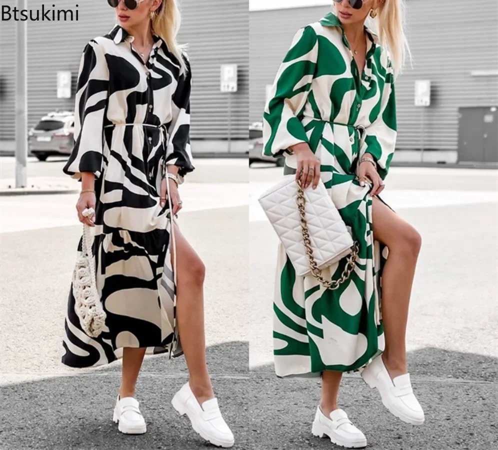 

2025 Fashion Printed Shirt Dress Women's Lantern Sleeve Button Temperament Maxi Dresses Ladies Casual Lace-up Pocket Long Skirts