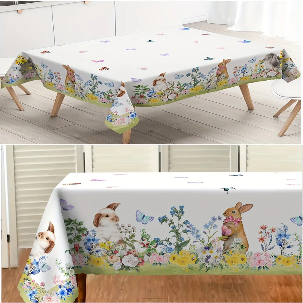 Rectangle Tablecloth Cute Bunny Butterfly Floral Pattern Table Cover Easter Spring Theme Tablecloth Home Party Diner Table Decor