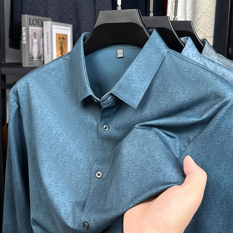 

Роскошная стильная мужская рубашка с длинным рукавом с лацканами и пуговицами спереди, осенняя деловая повседневная дышащая классическая модная тенденция Me