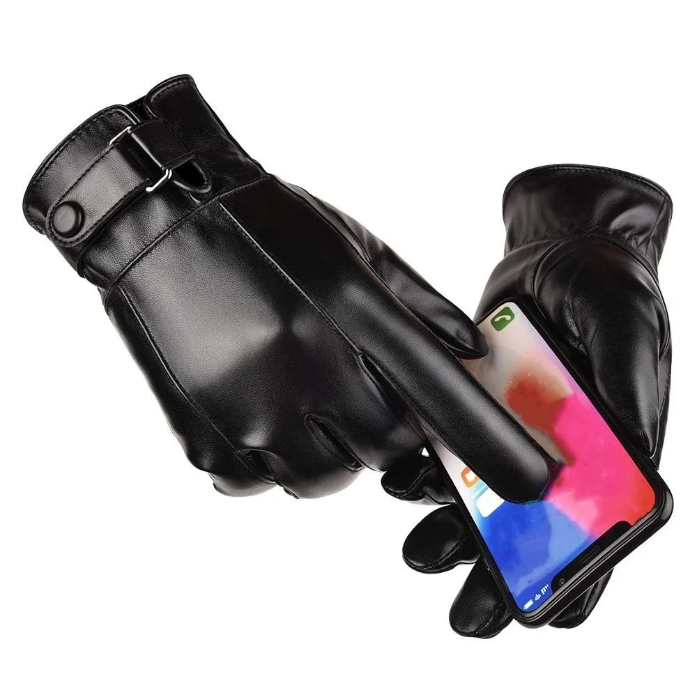 Guanti da ciclismo maschili in pelle PU antivento Touch Screen Guanti da ciclismo maschili in velluto spesso Tenere al caldo Guanti da moto morbidi con dita intere