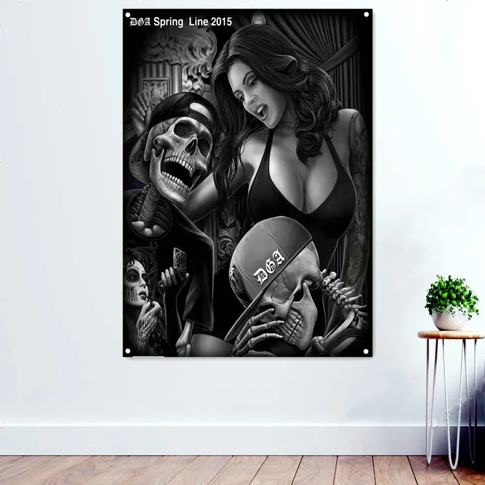 Skull and sexy girl Death Art Banner Wall Painting Chicano Tattoo Art Poster Hanging Flag Wall Sticker HOME Decor Tapestry
