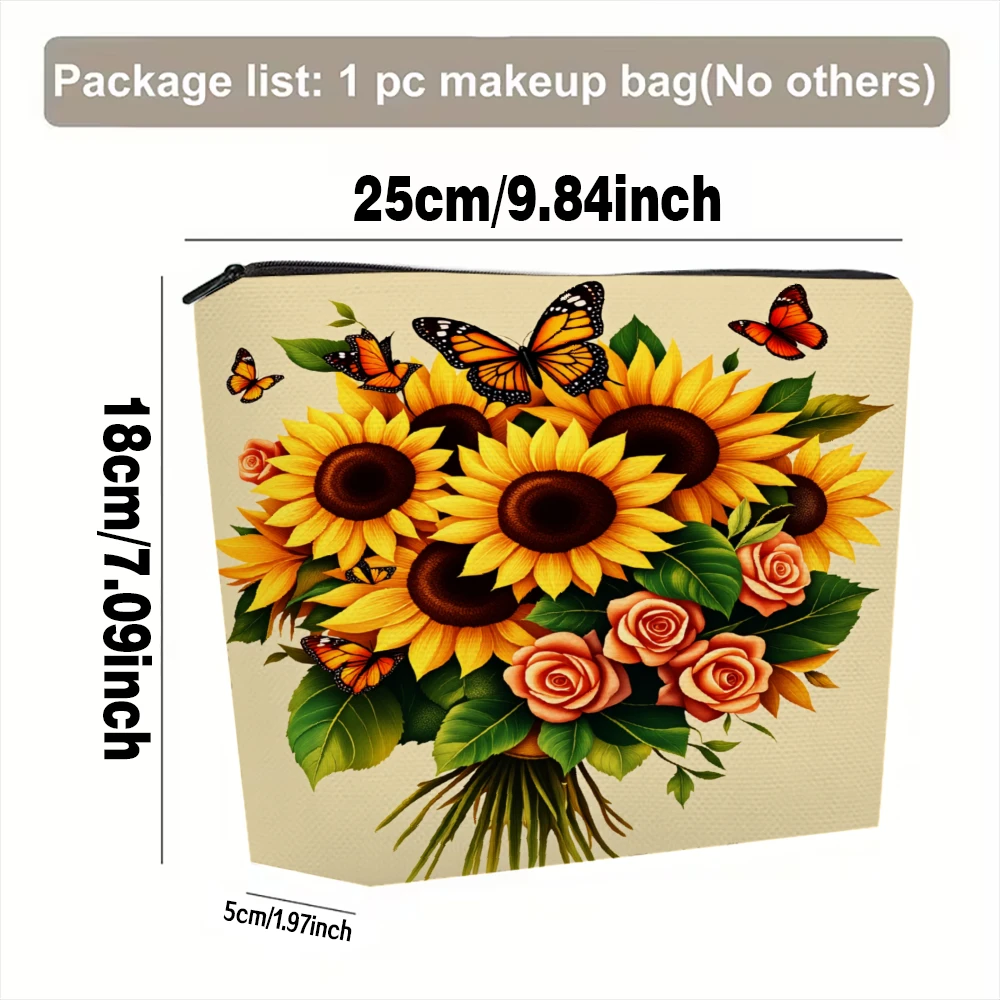 Sunflowers Roses Butterflies Leaves Yellow Makeup Bags for Girls Cosmetic Pouch Toiletry Bag Pencil Case Travel Storage
