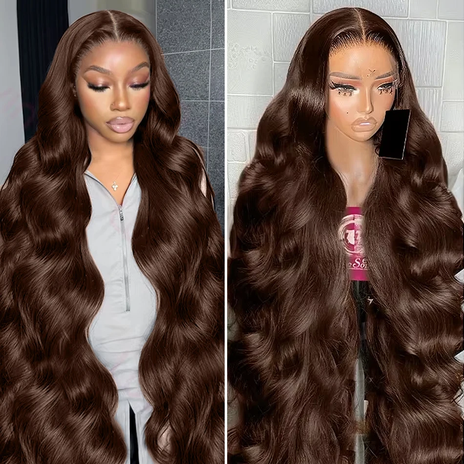 13x6 Chocolate Brown Body Wave Wigs 250% HD Density Transparent Lace Front Human Hair Wigs 30 Inch Colored Frontal Wig For Women