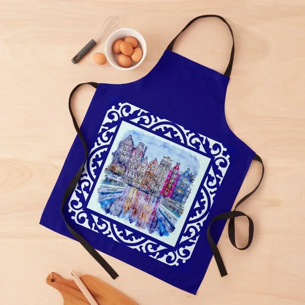 

DUTCH BLUE DELFT : Vintage Boats in Canal Amsterdam Print Apron cooks clothes chef costume Men kitchen Kitchens For Men Apron