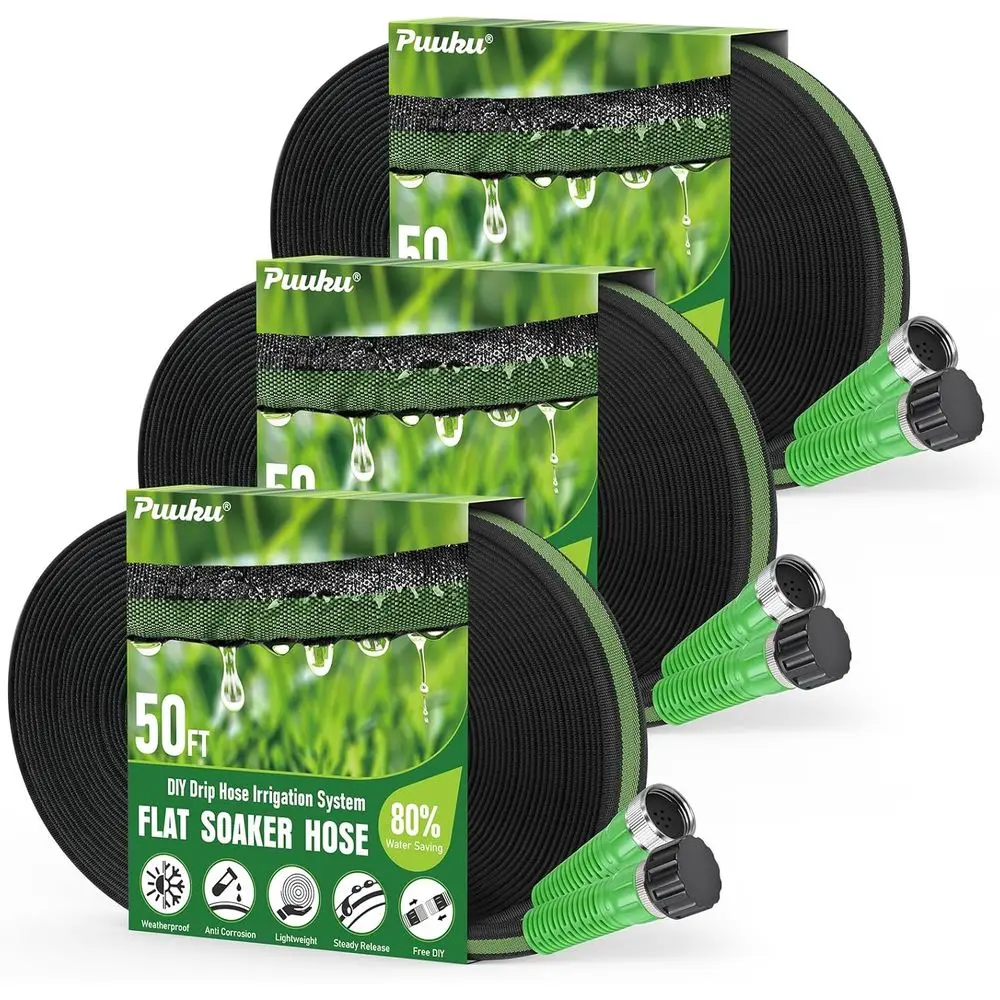 

Flat Soaker Hose 150FT for Garden and Lawns, 80% Water-Saving Drip Irrigation Hose with Anodized Aluminum Ends, Flexible Leakpro