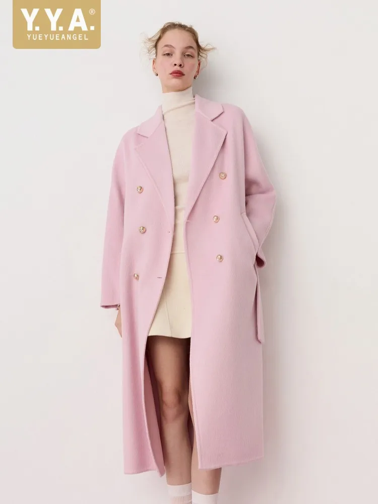 Elegant Women Turndown Collar Double Breasted Woolen Coat Autumn Winter Straight Mid Long Jacket Casual Office Lady New Overcoat