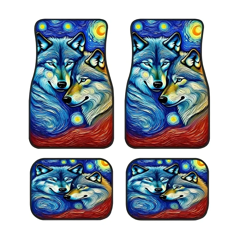 

4pcs Car Floor Mats With Adorable Wolf Design, Suitable For All Models - Polyester Material, Stylish & Durable, Easy To Clean, P