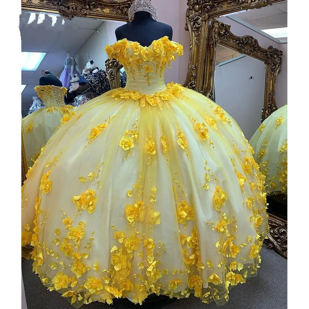 

Милые платья Quinceanera с открытыми плечами, желтые бальные платья с кружевной аппликацией