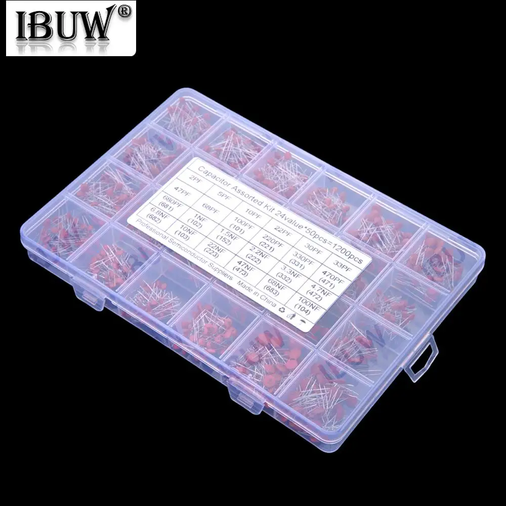 1200PCS 24 Valores ​ ​ Condensadores Cerámicos de 2pF-100nF 50V, Condensadores Cerámicos de Montaje a Circuito (THT) 2pF 10nF 20nF 100nF 50nF