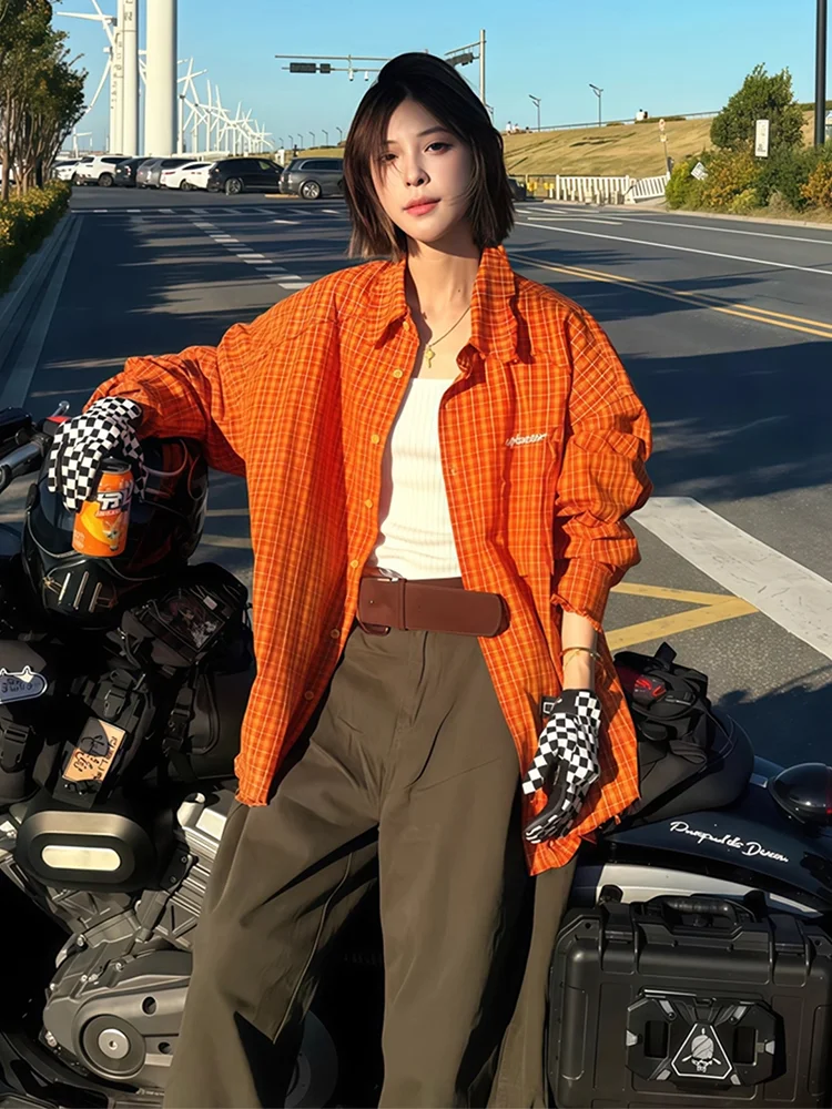 

Свободная повседневная рубашка в клетку с американской вышивкой на воротнике, дизайн с цветовыми блоками, унисекс, осенняя верхняя одежда, дышащий хлопок, длинный рукав