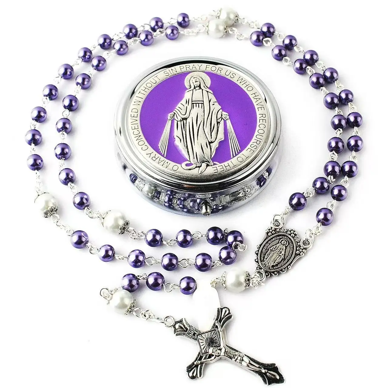 مجموعة قلادة عذراء من اللؤلؤ الزجاجي مقاس 6 مم مكونة من قطعة واحدة أنيقة متعددة الألوان هدية للمناولة الكاثوليكية للأولاد والبنات