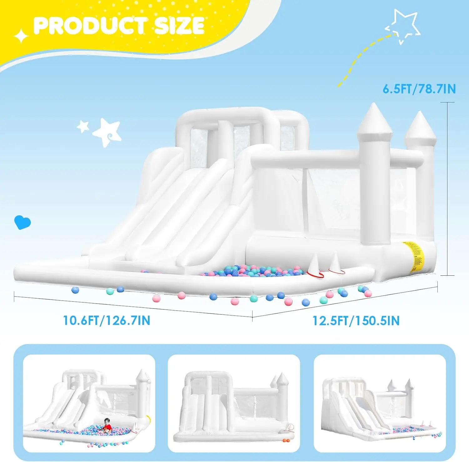 Casa de salto branca oxford, castelo inflável infantil com escorregador e piscina de bolinhas, brinquedos infláveis médios a grandes para crianças