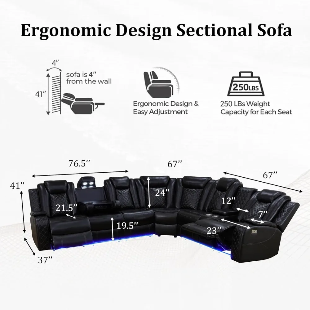 Leather Power Recliner Sectional Sofa with LED, Power Reclining Sectional Couch, Breathing Leather Sofa Couch with USB Port&Cup