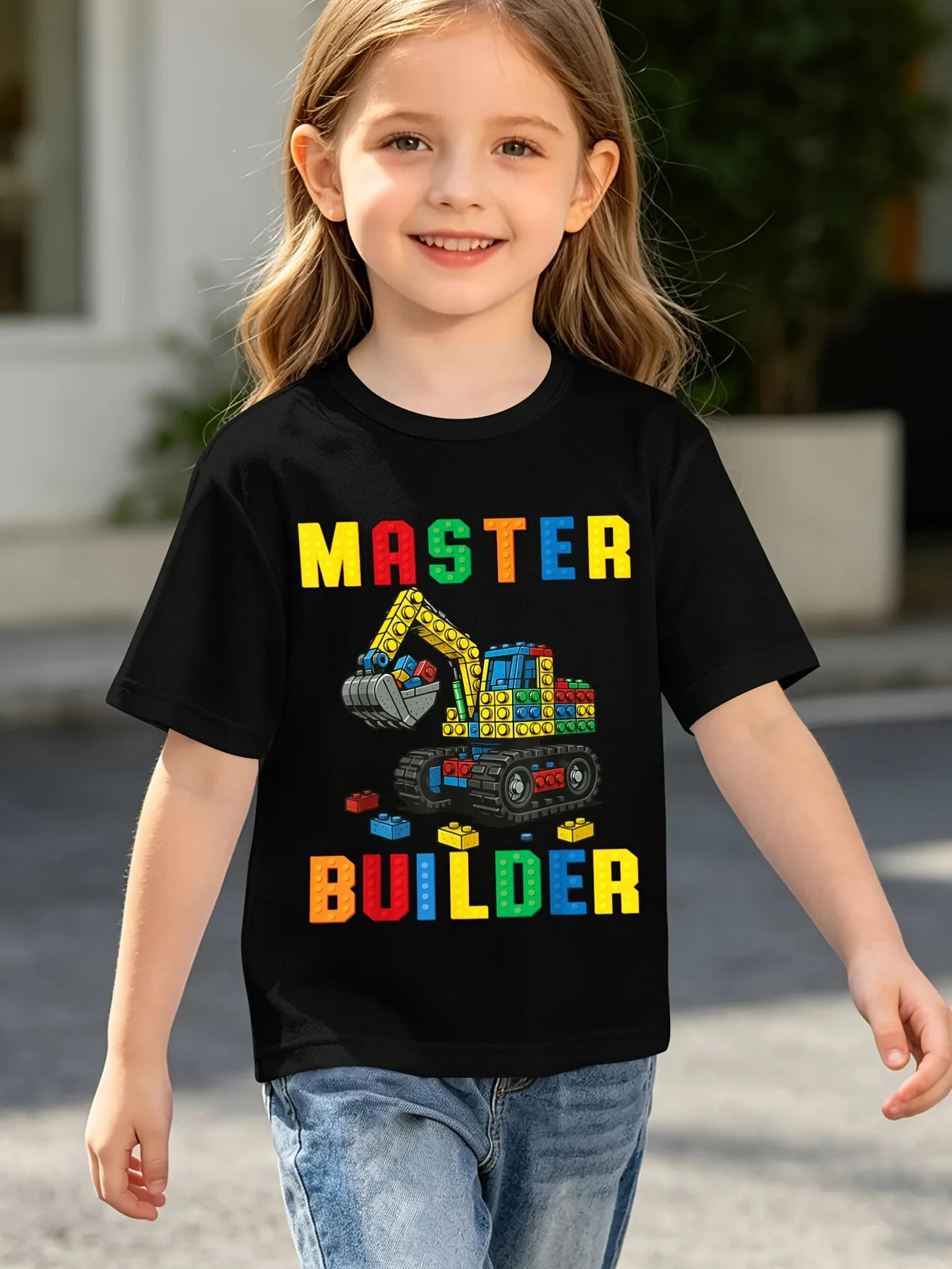 Kids T Shirt Master Builder Building Block Excavator Graphic Short Sleeve Cotton Tops For Boys Girls Daily Casual Outfit