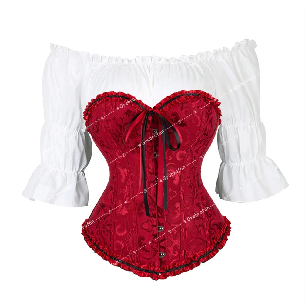 

Woman Corsets Blouse Outfits Embroidered Bustiers Up Corsage Lacewith White Blouse Set Dance Party Costumes Rennaisance Outfits