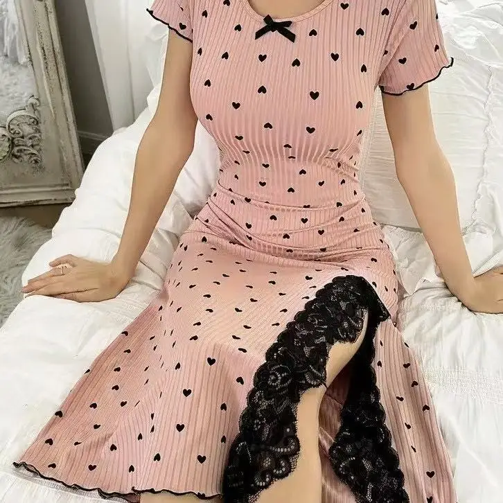 

2026 New Home Love Short Sleeve Nightdress Crew Neck Dress Casual Printed Women's Long Dress