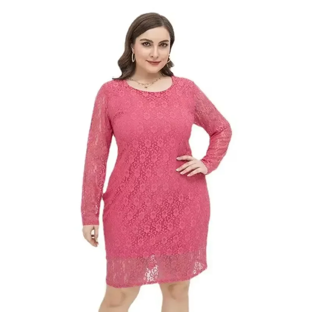 Vestido lápis feminino plus size manga comprida renda cor sólida slim fit