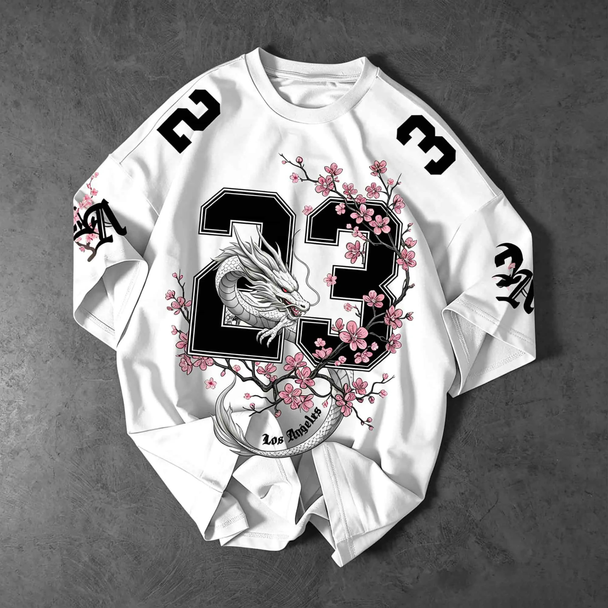 Streetwear Style Casual T-shirts For Men Featuring Print Number 23 Combined With Cherry Blossom Dragon PatternsVersatile Casual