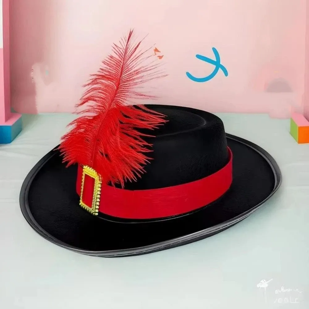 Sombrero de disfraz de mosquetero negro Vintage con plumas puesta en escena disfraz de vacaciones sombrero de copa sombrero de mago sombrero de Cosplay para niños