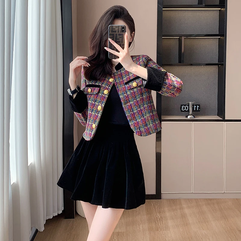 New Women Autumn Winter Skirt 2 Piece Set Vintage Fashion Outfits Tweed O Neck Plaid Crop Jackets Coat+Pleated Mini Skirts Sets