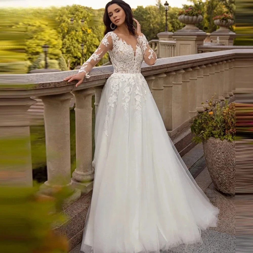 

Boho A-Line Long Sleeve Customized Wedding Dresses Beach Bridal Gowns Sheer O-neck Lace Appliques Robe De Mariee