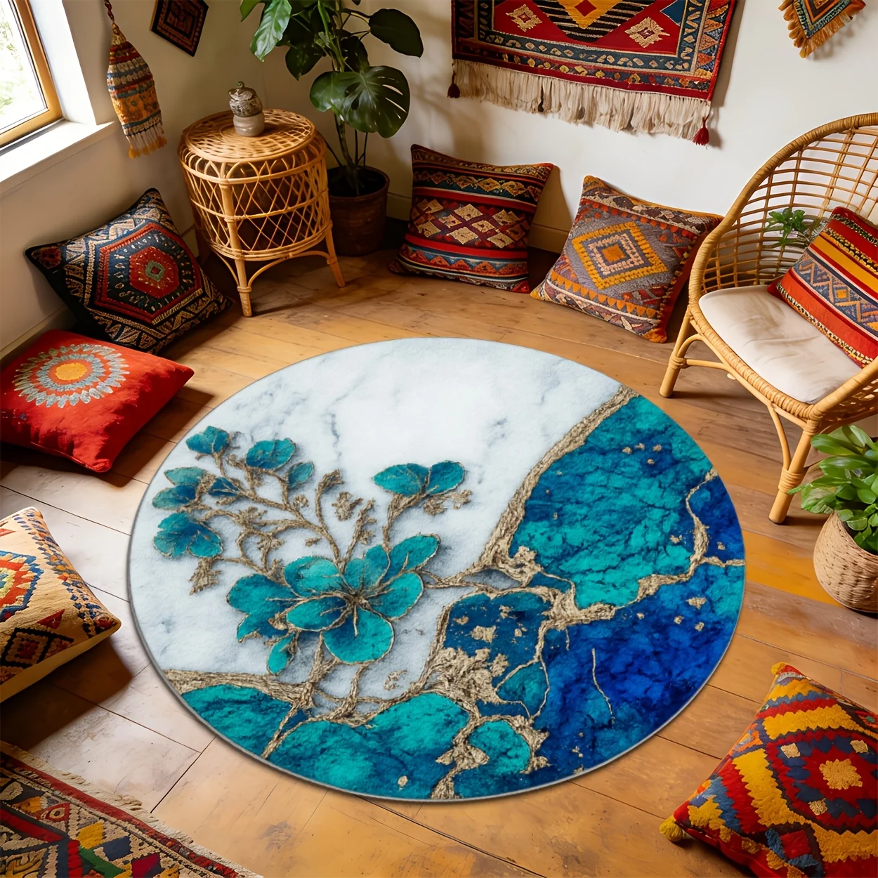 Home Toilet Bathroom Design - Artistic 2D print round carpet turquoise