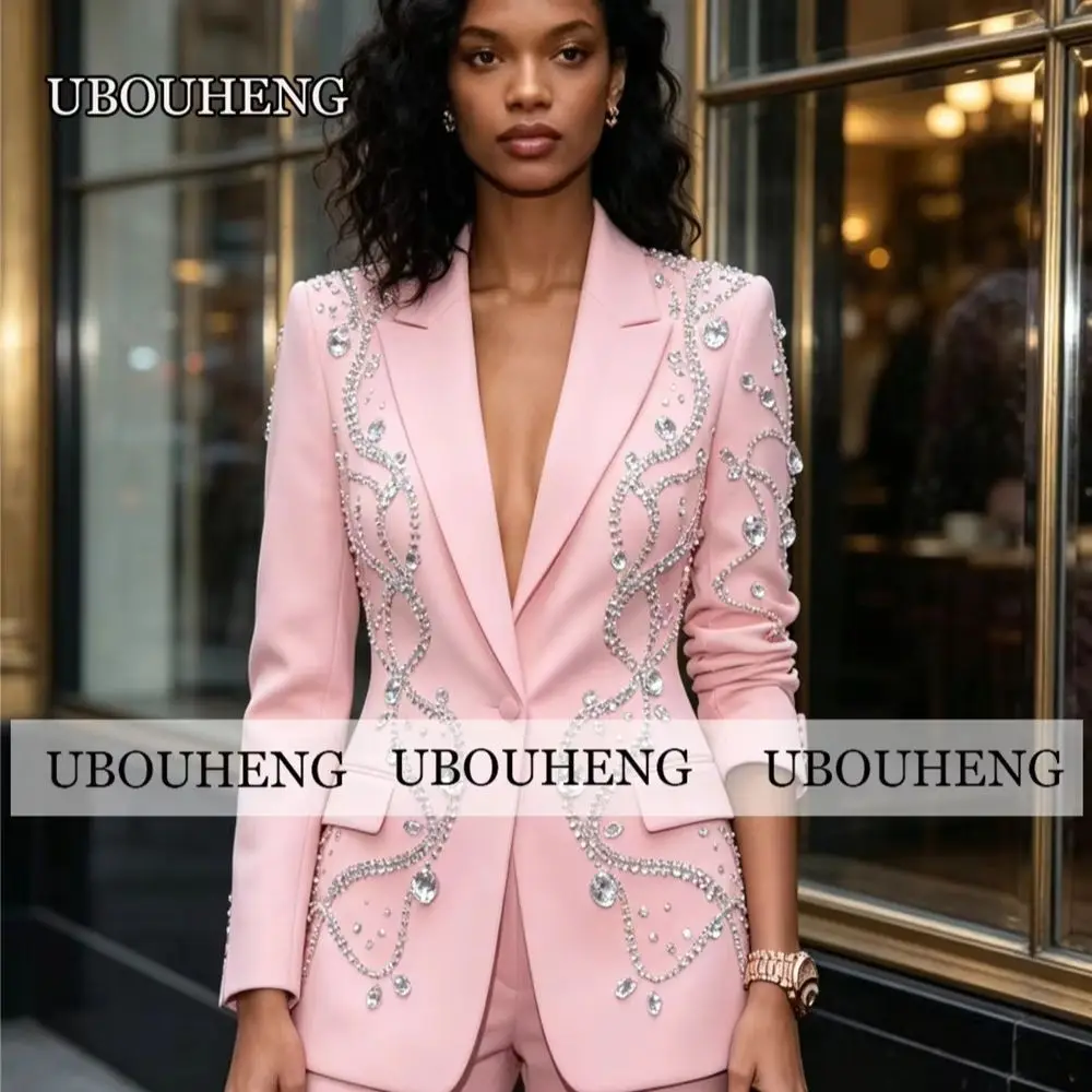 Luxury Rhinestones Beads Suits Women 2 Piece Sets Lady Party Tuxedos Customized Single Breasted Prom Blazer Bride's Mtoher Dress