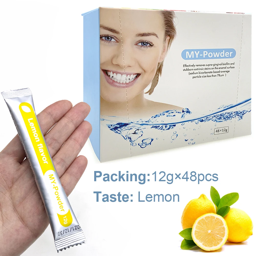 

48 упаковок/коробка, абразивный порошок для воздушно-абразивной полировки зубов, для пескоструйной машины, полировка зубов, аромат лимона, стоматологический чистящий материал