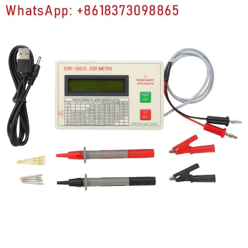 New ESR2501C Capacitor ESR DCR Tester Test In Circuit Capacitance Meter With Test Leads Clip Battery