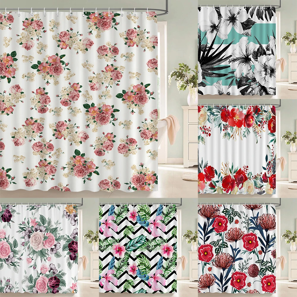 

1 pack of Watercolor Flower Plant pattern polyester shower curtain bathroom partition curtain with hooks home decorative curtain