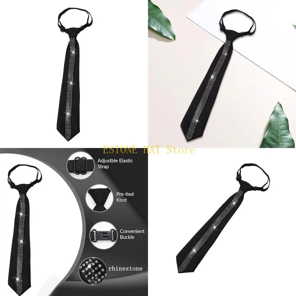 49MF Women's Adjustable Pre Tied Black Necktie with Sparkling Rhinestones Detailing for Parties and Business Meetings Tie