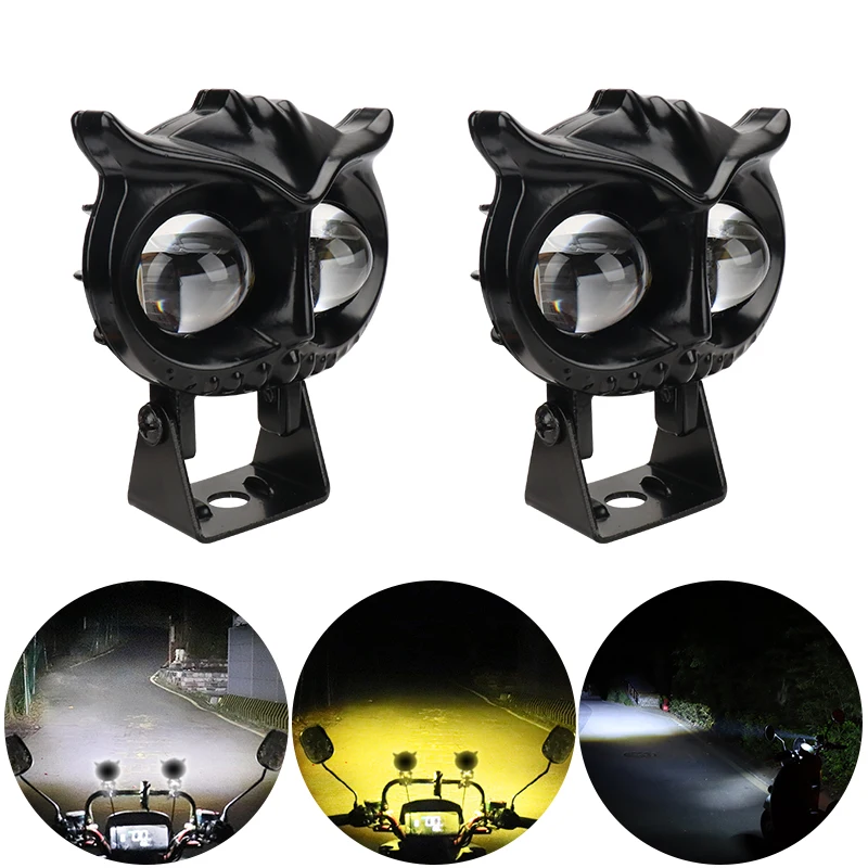 1/2PCS Motorcycle Owl Shaped LED Lens Spotlight 2led High Low Beam White Yellow Headlight Fog light Universal No Flash