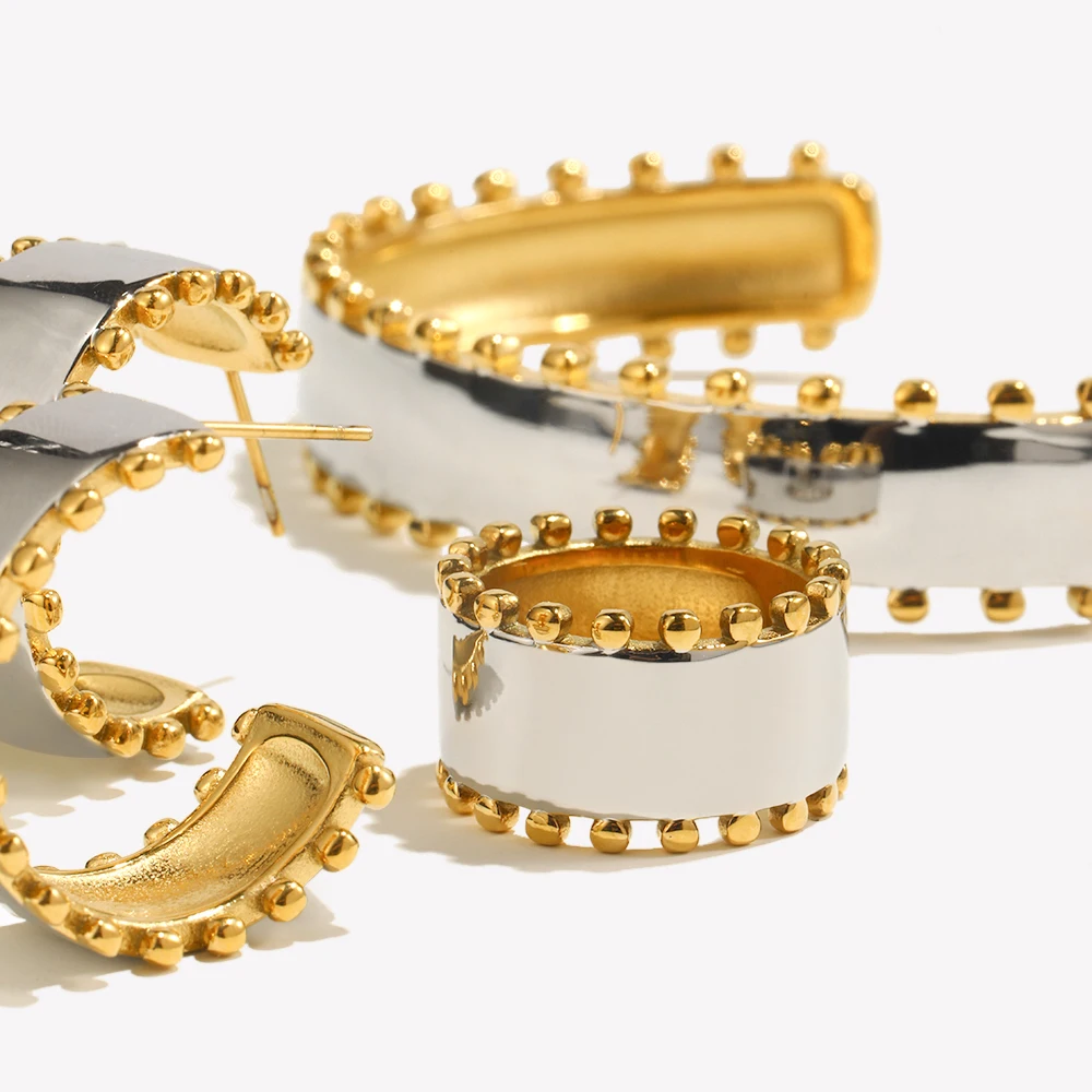E.B.belle Double Color Beads Edge Glossy Bracelet Earring Ring Women Jewelry Set Stainless Steel 18k Gold Plated Waterproof