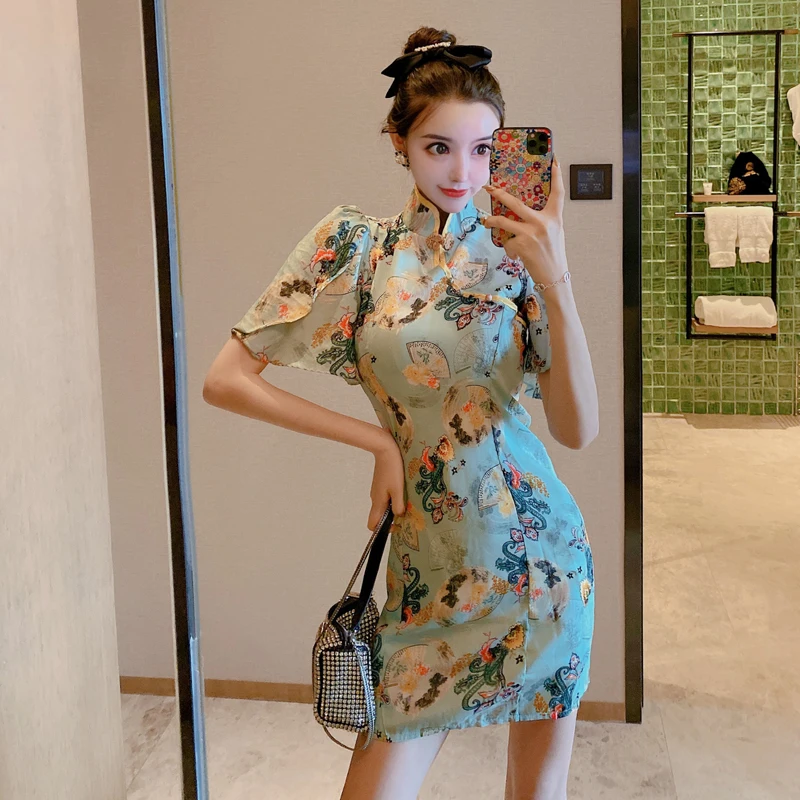 

Women Vintage Slim Qipao Short Dress Classical Chinese Style Retro Print Cheongsam Korean Sexy Party Evening Dresses Vestidos