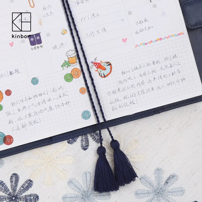 Kinbor สมุดโน๊ตแบบถือ,A6ผ้านิ่มพิมพ์ลาย Tassel Hand Book Schedule Book สมุดบันทึกและสมุดบันทึก
