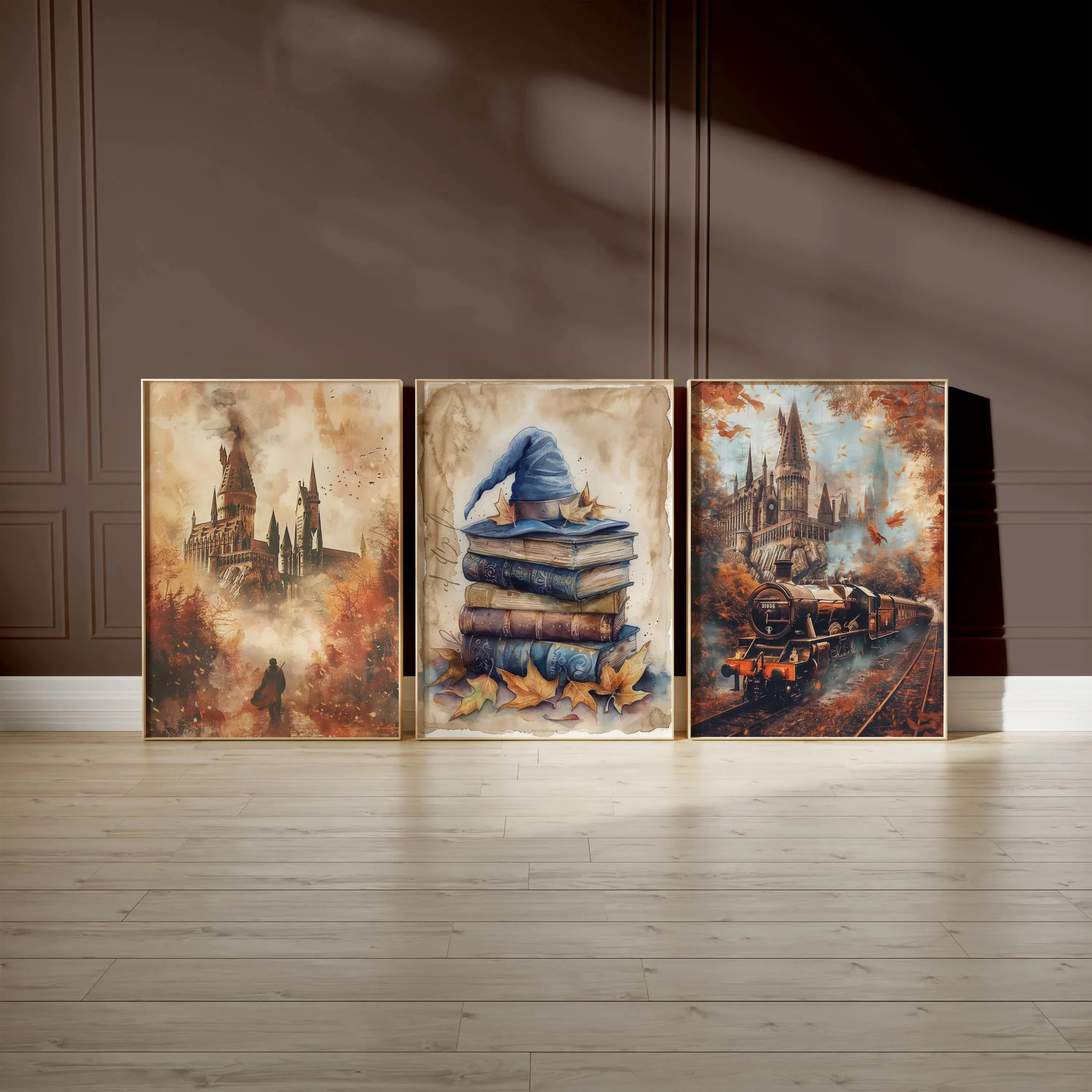 Poster da mago autunnale di Halloween da 3 pezzi, arte da parete con gufo del treno del castello magico, arredamento della stanza fantasy, set di stampa per la scuola materna autunnale, arte del mago