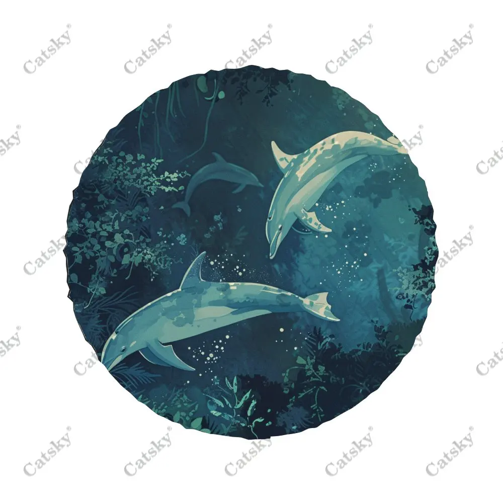 Free Swimming Dolphin Seaweed Universal Car Spare Tire Cover Auto Accessories Wheel Protect for Trailer SUV Truck Camper14-17in